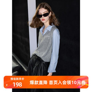 三彩ibudu2025春季新款学院假两件长袖针织衫套头毛衣字母绣花女