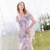 新款 三彩2026夏季 A字裙两穿一字肩雪纺长裙M 樱花系列连衣裙