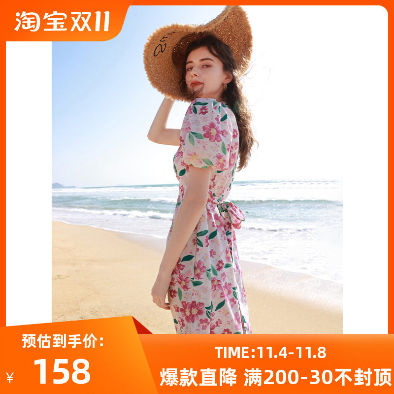 三彩2023夏季新款小清新碎花连衣裙围裹式系带收腰A字裙度假风使用感如何?