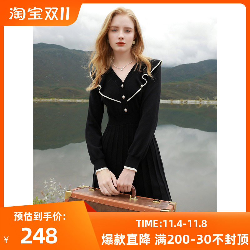 三彩2023冬季新款针织连衣裙V领撞色荷叶边收腰A字裙优雅淑女属于什么档次？