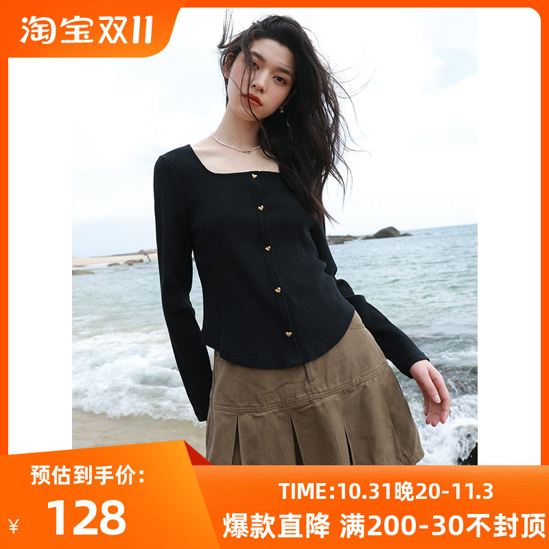 三彩大码女装2023春季新款黑色坑条T恤爱心扣方领上衣胖MM显瘦怎么样,好用不?