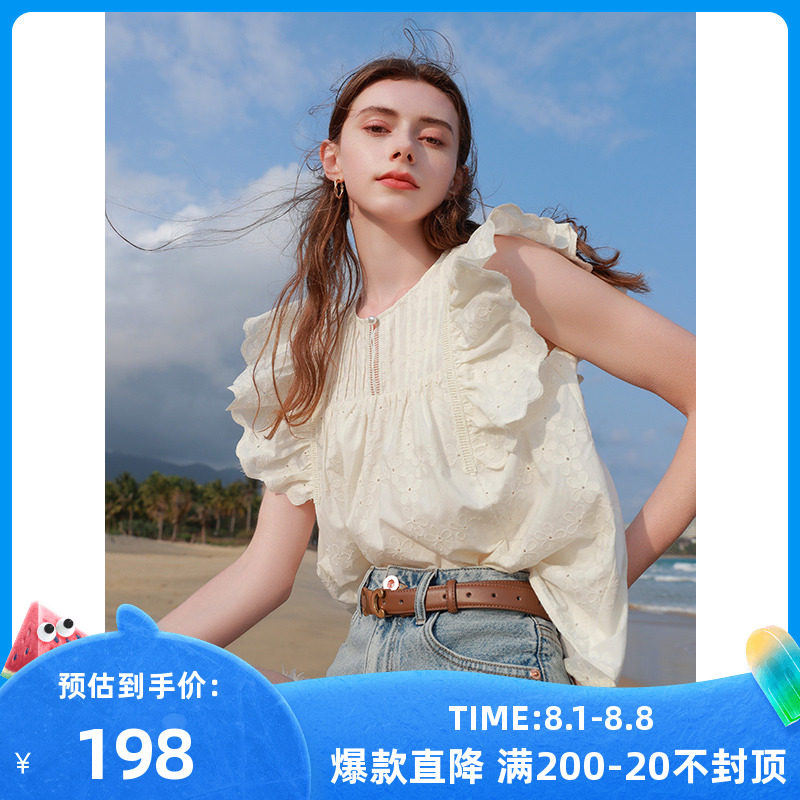 三彩2023夏季新款圆领花边纯棉绣花飞飞袖娃娃衫花朵小衫宽松女怎么看?