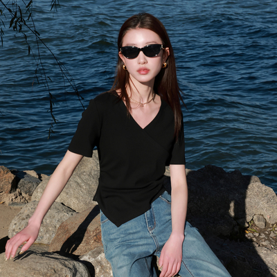 V领短袖T恤小衫修身不规则上衣