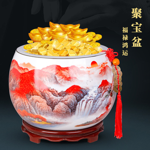 家居裝 景德鎮(zhèn)陶瓷 鴻運(yùn)當(dāng)頭聚寶盆擺件 中式 飾品喬遷送禮客廳玄關(guān)