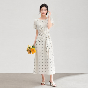 2610203-南油高品质黑白波点印花短袖连衣裙夏季女装浪漫收腰裙子