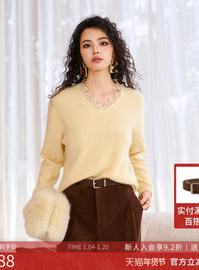 曼诺比菲商场同款2025冬季慵懒风v领蕾丝修身套头毛衣SGCM143125