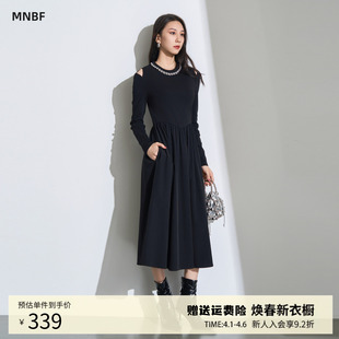 曼诺比菲春秋赫本风黑色露肩针织连衣裙女 商场同款