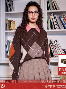 曼诺比菲商场同款2025冬季宽松复古撞色菱形格套头毛衣MGCM143111