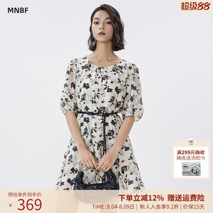 曼诺比菲商场同款夏季优雅气质泡泡袖印花连衣裙女MGBL121013
