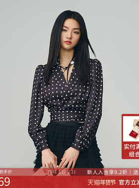曼诺比菲商场同款2025秋v领修身绑带短款长袖波点上衣SGGS133080