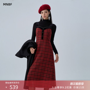打底衫 曼诺比菲冬季 吊带格子两件套连衣裙 商场同款