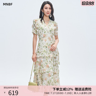 曼诺比菲商场同款夏复古泡泡袖收腰系带v领印花裙MGBL151051