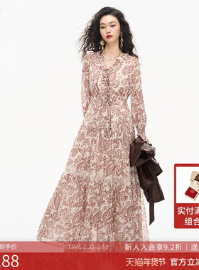 曼诺比菲商场同款2026春季法式v领雪纺印花连衣裙长款SHEL112075