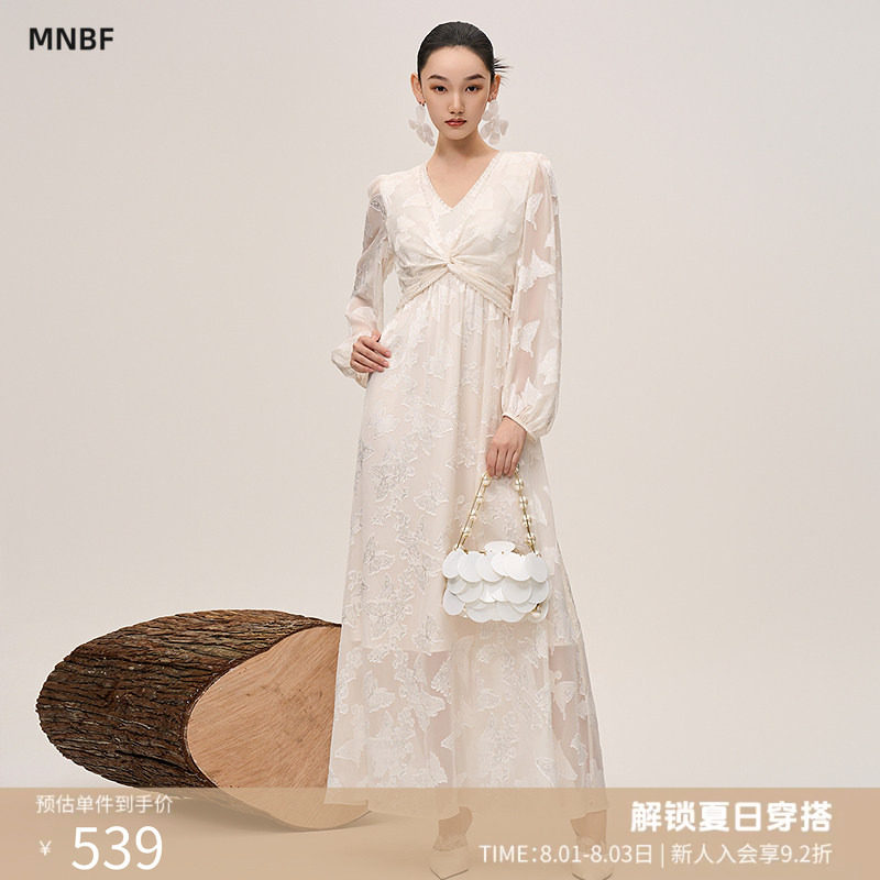 曼诺比菲商场同款春秋雪纺提花v领长袖连衣裙长裙SGEL131015