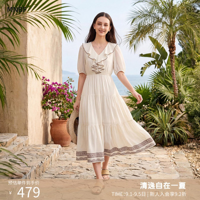 曼诺比菲商场同款夏季优雅气质印花v领a字收腰长裙EGBL126143