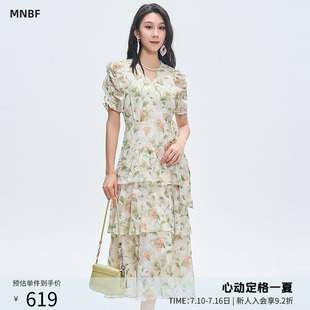曼诺比菲商场同款夏复古泡泡袖收腰系带v领印花裙MGBL151051