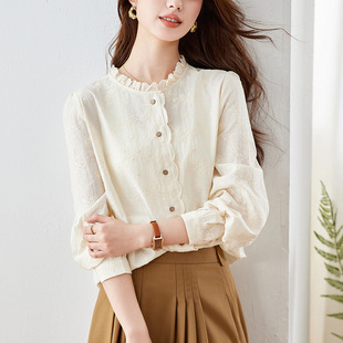 新款 法式 木耳领纯棉刺绣衬衣宽松上衣 2026春装 女装 高级感长袖 衬衫