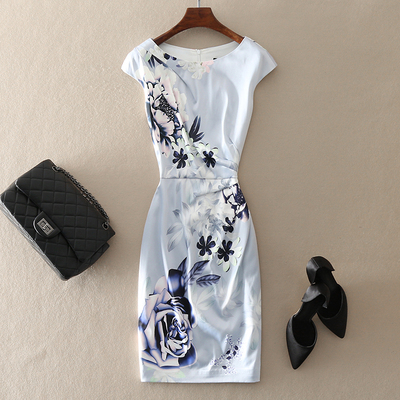 玫瑰印花短袖包臀连衣裙子