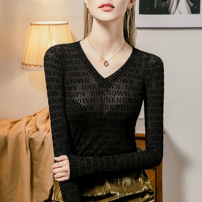 春装新款小衫v领字母打底衫女装长袖内搭薄款网纱T恤性感黑色上衣