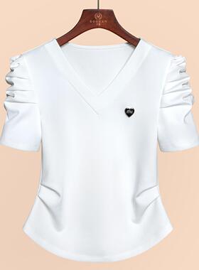 法式泡泡袖白色v领短袖T恤衫女夏季2026新款女装褶皱显瘦纯色上衣