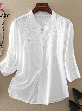 春秋装新款女装小衫气质V领刺绣宽松显瘦白色衬衫七分袖纯棉上衣