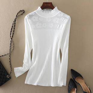 秋冬新款女装白色半高领蕾丝内搭针织衫修身打底衫女套头毛衣上衣