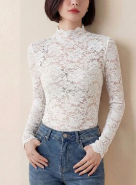 2026春装新款半高领性感薄款白色蕾丝打底衫女小衫雷丝上衣高级感