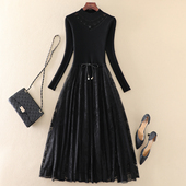 秋冬新款 刺绣黑色蕾丝拼接内搭针织连衣裙 中长款 高端气质女装 修身