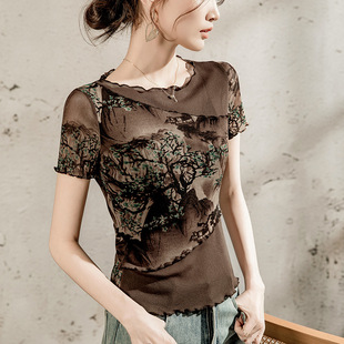 2026夏装新款国风水墨画印花网纱t恤女短袖薄纱小衫舞蹈纱衣上衣