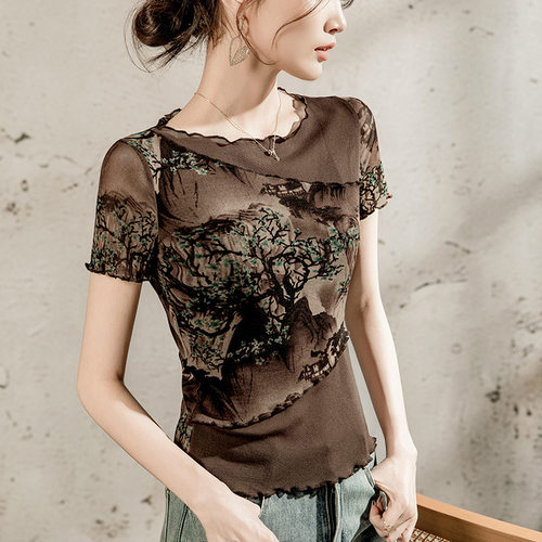 2026夏装新款国风水墨画印花网纱t恤女短袖薄纱小衫舞蹈纱衣上衣