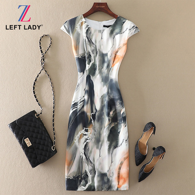 春夏新款包臀裙水墨印花连衣裙