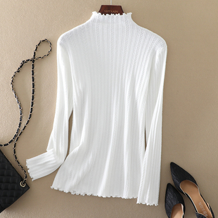 半高领针织打底衫女装秋冬新款修身内搭白色上衣设计感木耳边毛衣