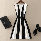 清仓新款 连衣裙子 撞色无袖 高端气质通勤女装 收腰显瘦A字裙中长款