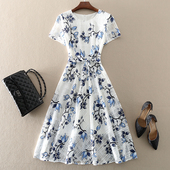 清仓新款 印花蕾丝连衣裙子 显瘦A字裙短袖 高端气质优雅女装 中长款