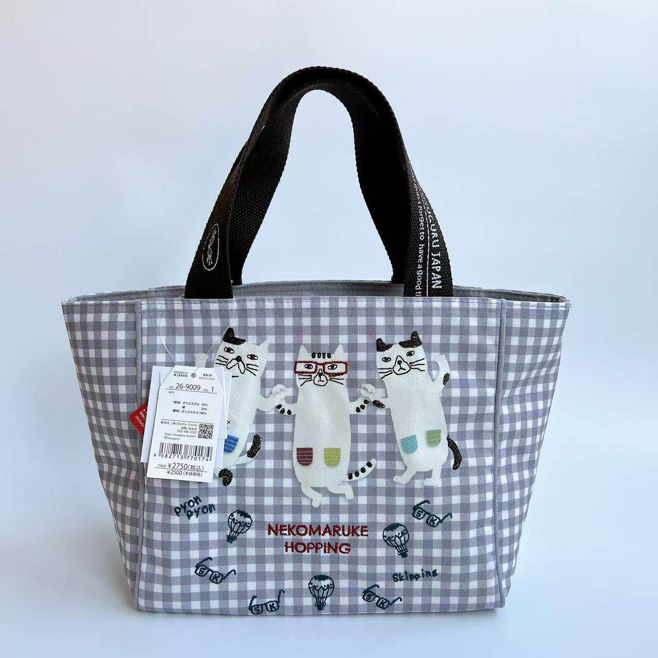 英伦格子手提包手拎包日本Kusuguru正品刺绣眼镜猫格子饭盒包帆布