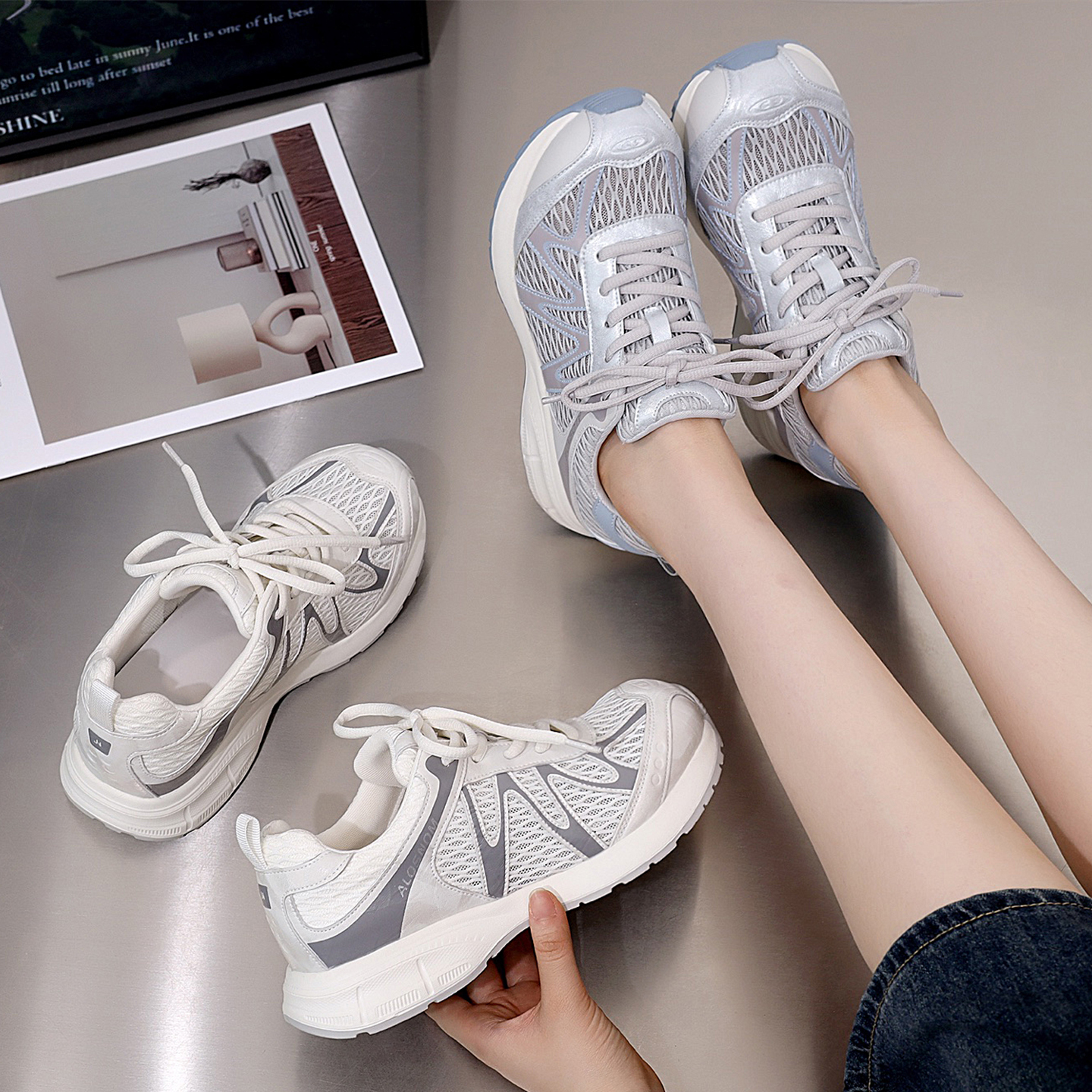 爱足雅大码女鞋胖脚宽肥透气网鞋