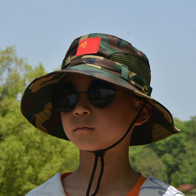 红旗 儿童遮阳帽徒步防晒帽男孩大帽檐学生奔尼帽户外迷彩军训女