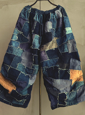 沉香布衣草堂 原创膝盖褶皱设计老布蓝染随机拼休闲长裤G25s01014