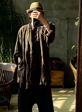 沉香布衣草堂外套 亚麻做旧撞色拼接 外搭上衣2025昔玙X25u03034