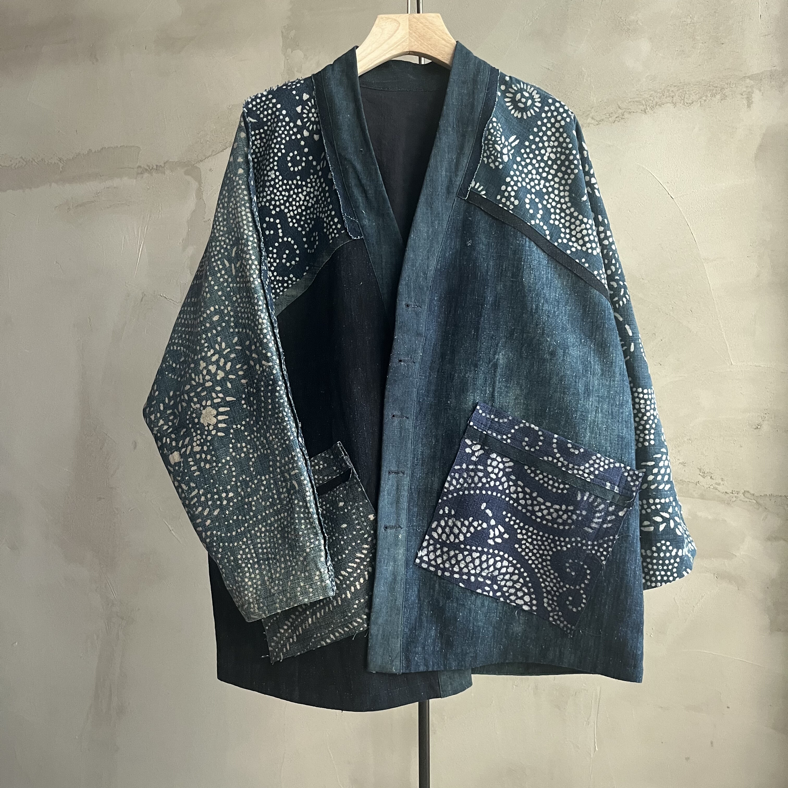 沉香布衣草堂双层开衫中长衣老布蓝染自制 不对称拼接C25w11267