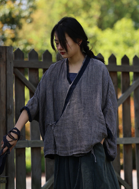 沉香布衣草堂衣路走来亚麻做旧斜门襟复古宽松开衫 37547