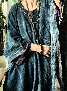 沉香布衣草堂套头袍长衣老布蓝染自制破洞斑驳开叉随拼C25u05085