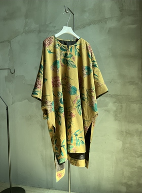 沉香布衣草堂自制长衣柞蚕丝香云纱斑驳领开气连衣裙C25u07135