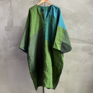 沉香布衣草堂拼接双层袍长衣亚麻自制2025秋撞色连衣裙C25u04061