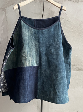 沉香布衣草堂 自制老布蓝染外穿吊带短背心斑驳随拼补丁C25u07134