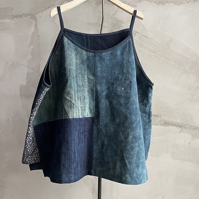 沉香布衣草堂 自制老布蓝染外穿吊带短背心斑驳随拼补丁C25u07134
