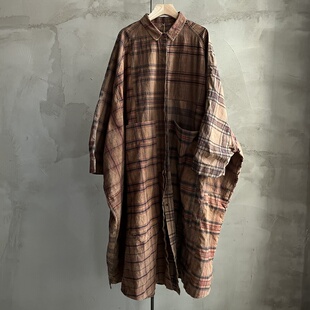 沉香布衣草堂补丁大开衫 长衣老布柿染格子古古麦G25a10242 长外套