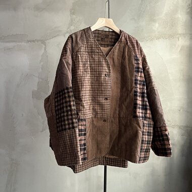 沉香布衣草堂老布柿染拼接格子棉服古古麦短衣随拼外套GG26s002