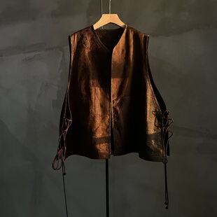 沉香布衣草堂 柞蚕丝香云纱拼接开衫系带马甲短背心 自制双层