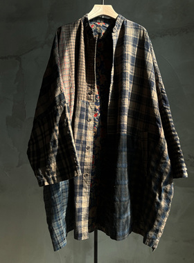 沉香布衣草堂 老布格子拼接中长衣开衫外套 古古麦C25u08157